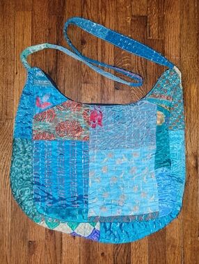 Blue Aqua Green Quilted Patchwork Kantha Quilt Crossbody Purse Bag India